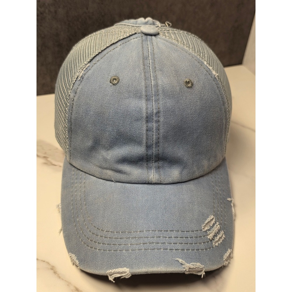 Vintage Ponytail Denim Trucker Hat Light Wash Distressed Mesh Back Baseball Cap